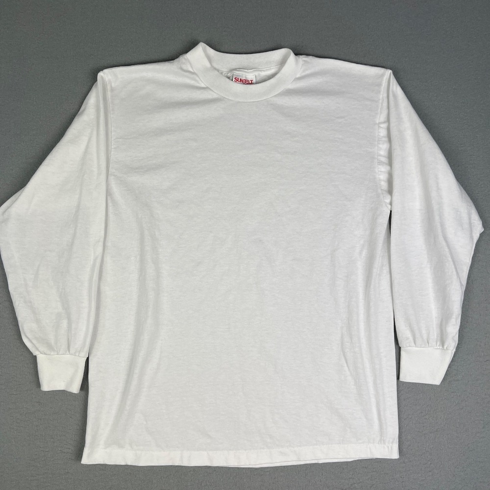 VTG Blank Plain White T Shirt Fits M Sunbelt Long Sleeve 80s Single Stitch USA‎